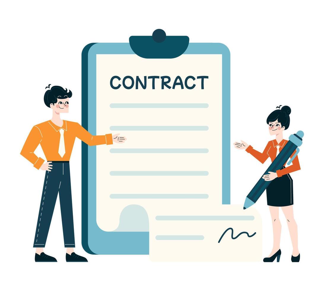 yrkesverksamma med en jätte penna och avtal, visa upp avtal slutförande och företag samarbete vektor