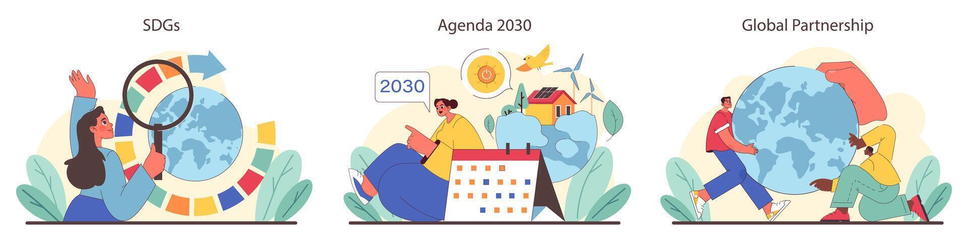 global mål utforskning, 2030 dagordning medvetenhet, och partnerskap visuella uppsättning. vektor