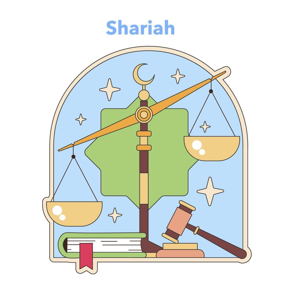 Scharia Gesetz Konzept mit Waage von Gerechtigkeit unter ein Halbmond Mond. eben Vektor Illustration