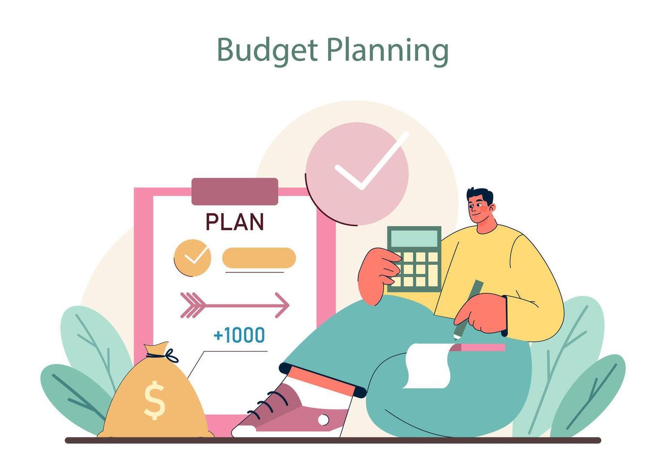 Budget Planung Konzept. illustrieren finanziell Voraussicht mit berechnend Speichern und Ausgaben Verfolgung. vektor