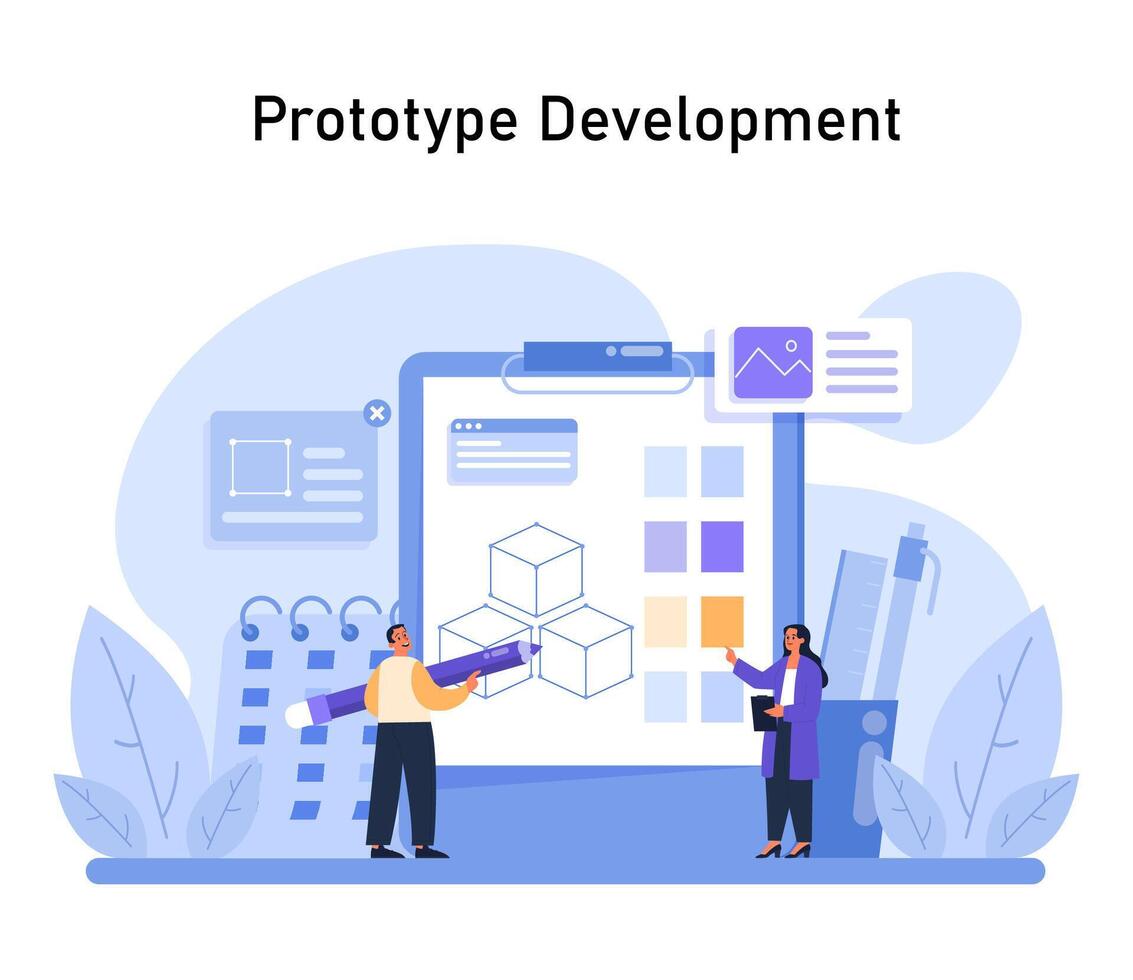 Prototyp Entwicklung Illustration. detailliert Aussicht von ein Mannschaft basteln ein Digital Prototyp vektor