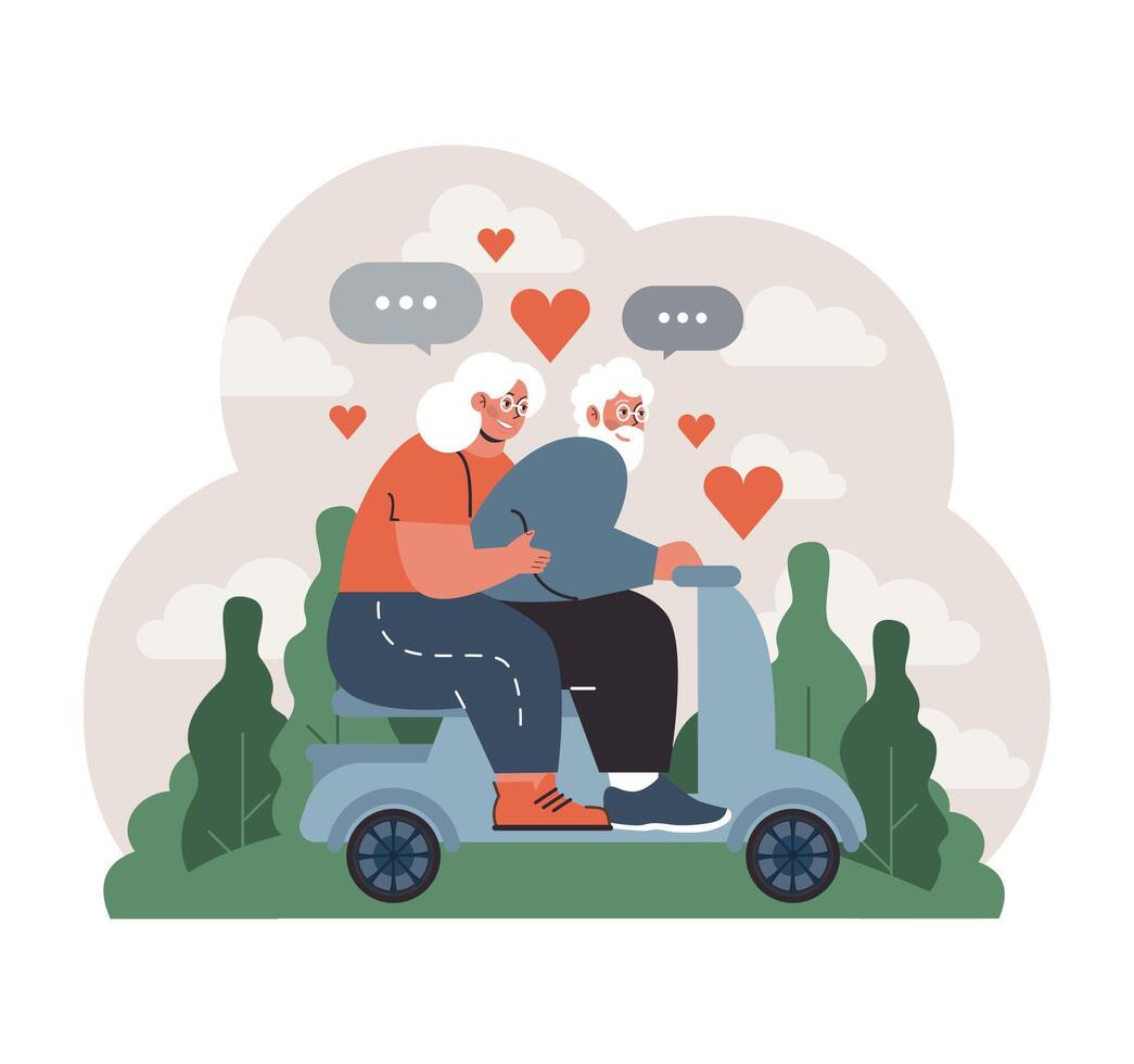 liebend Senior Paar Fahrten ein Roller inmitten Natur. eben Vektor Illustration