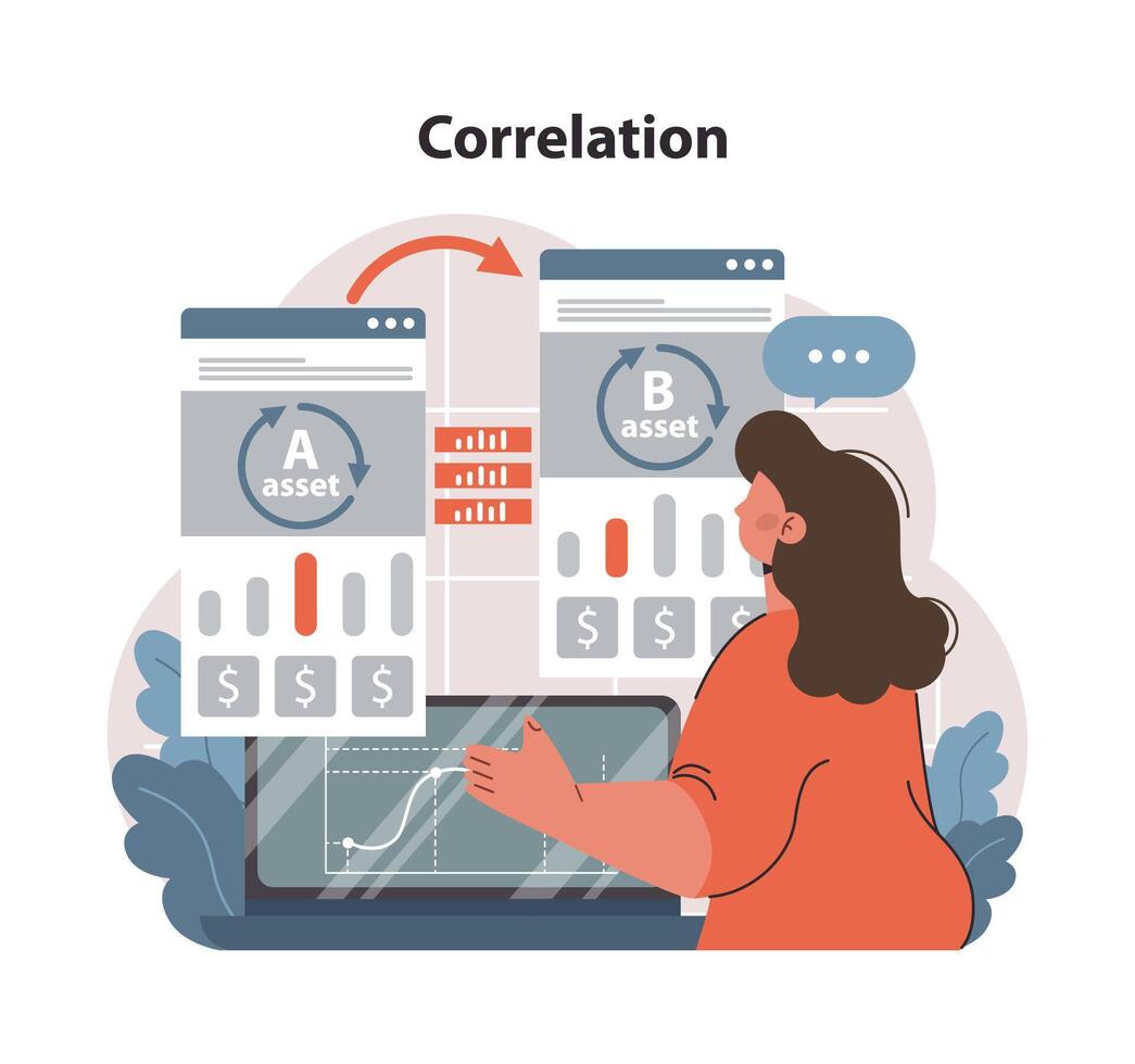 analyserar tillgång korrelation för informerad investering beslut. platt vektor illustration.