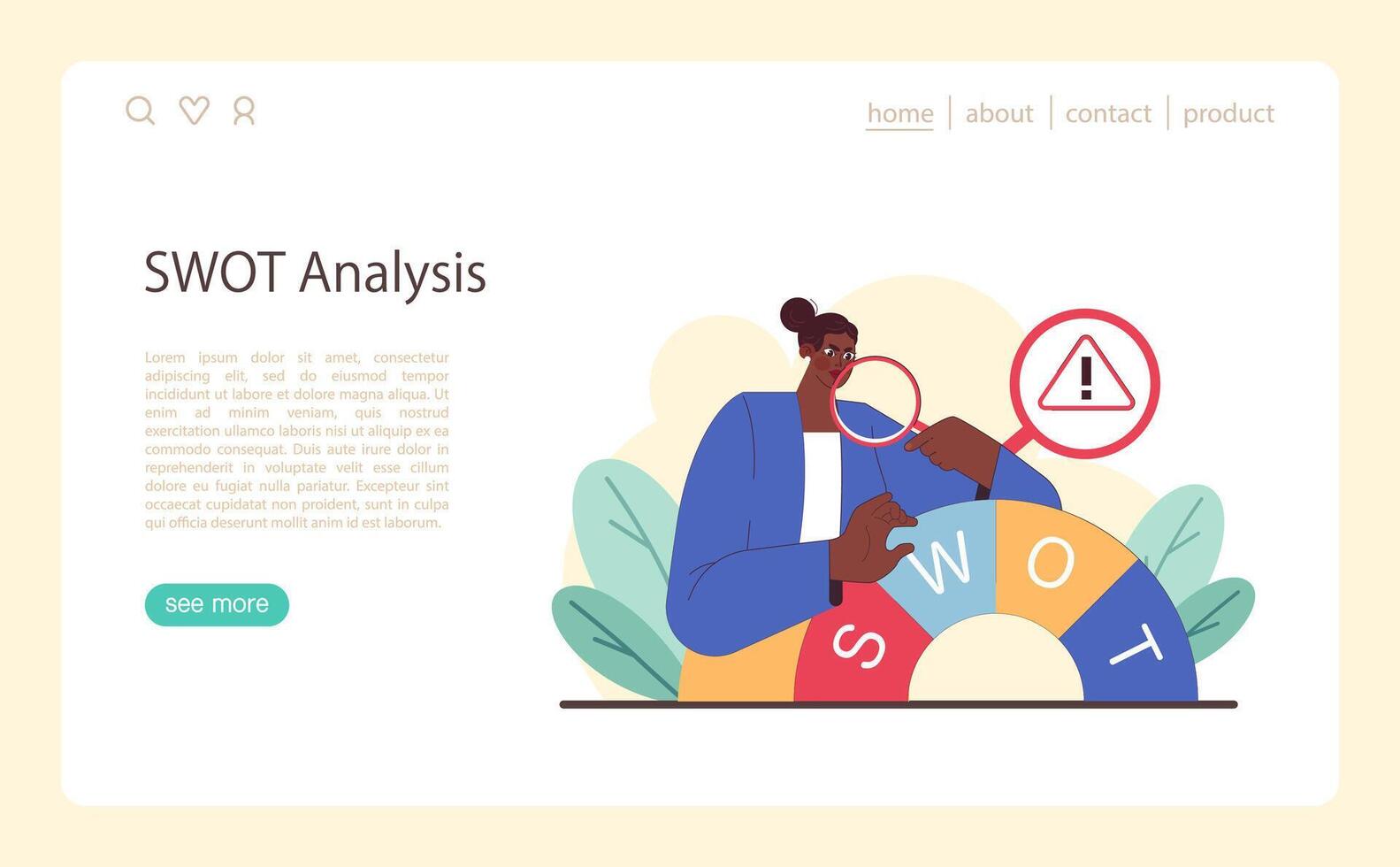 SWOT analys begrepp. omtänksam affärskvinna studerar potential risker vektor