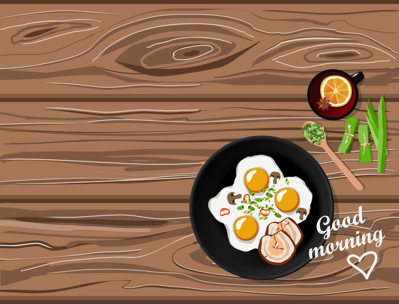 friterad ägg och bacon, citrus- te och pandan kryddor, topp se på trä- tabell med Bra morgon- text. Hem tillverkad frukost med negativ Plats vektor