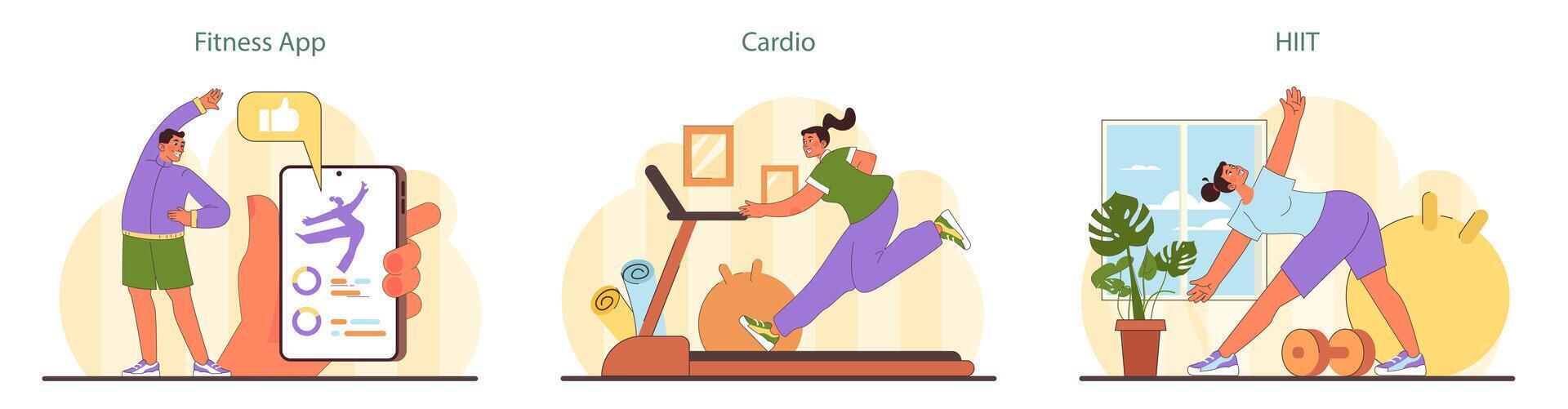 Zuhause trainieren Satz. Fitness Enthusiasten engagieren mit ein Fitness Anwendung, teilnehmen im Cardio Routinen. vektor