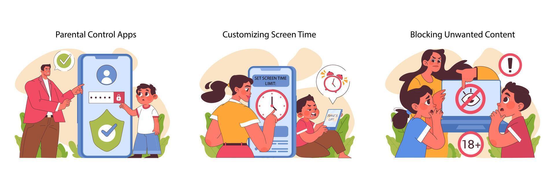 Eltern Steuerung Apps Satz. eben Vektor Illustration