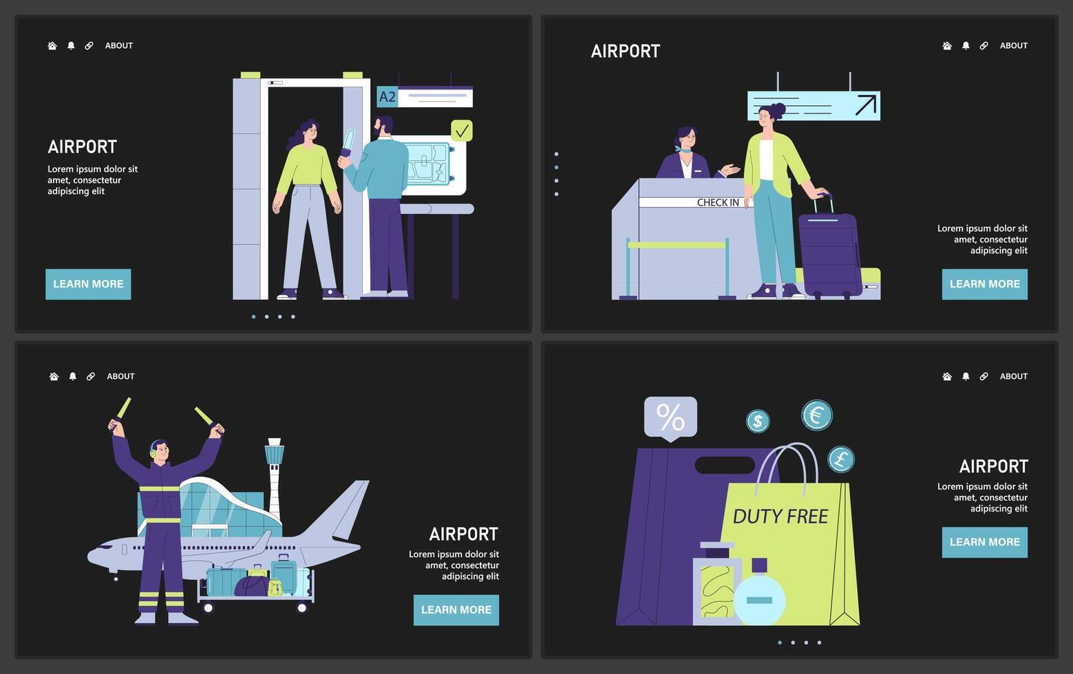 människor i de flygplats uppsättning. tecken med en resväska checkar in på en flyg vektor