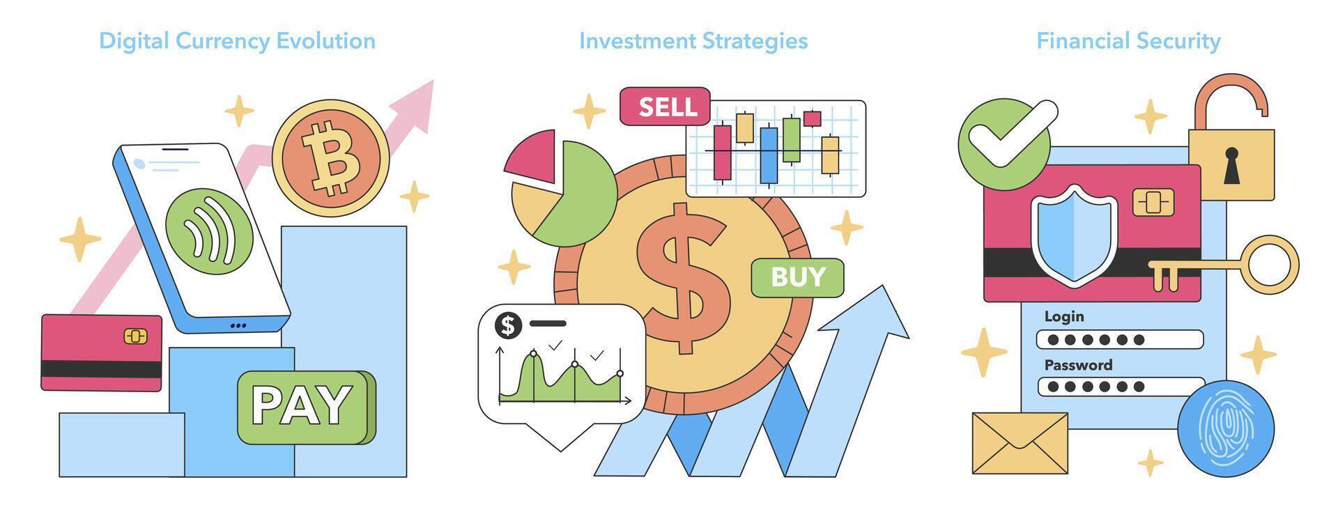 finanziell Visionen Trio. eben Vektor Illustration.