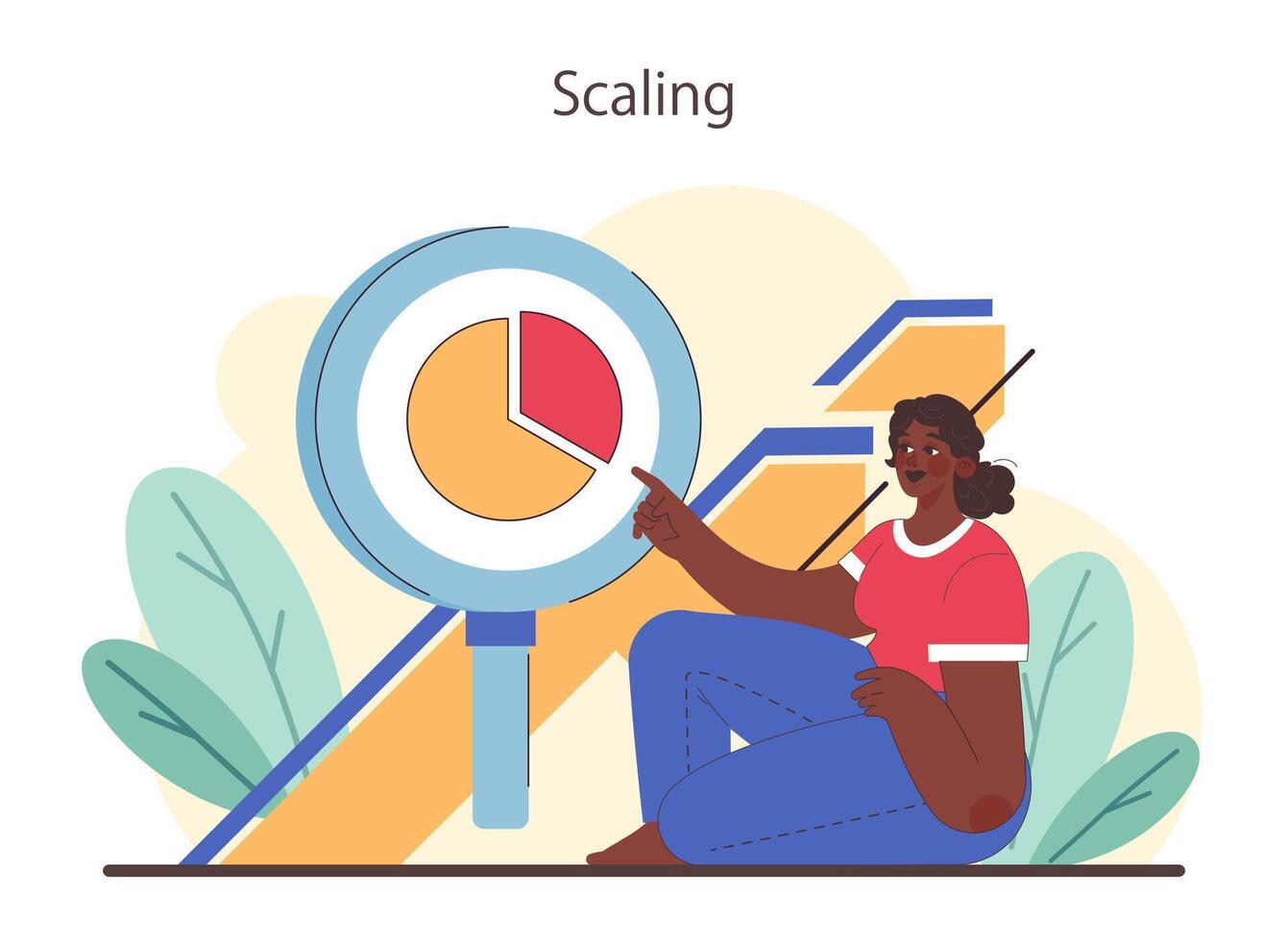 skalning begrepp. kvinna analyser paj Diagram tillväxt, företag prestanda metrik vektor