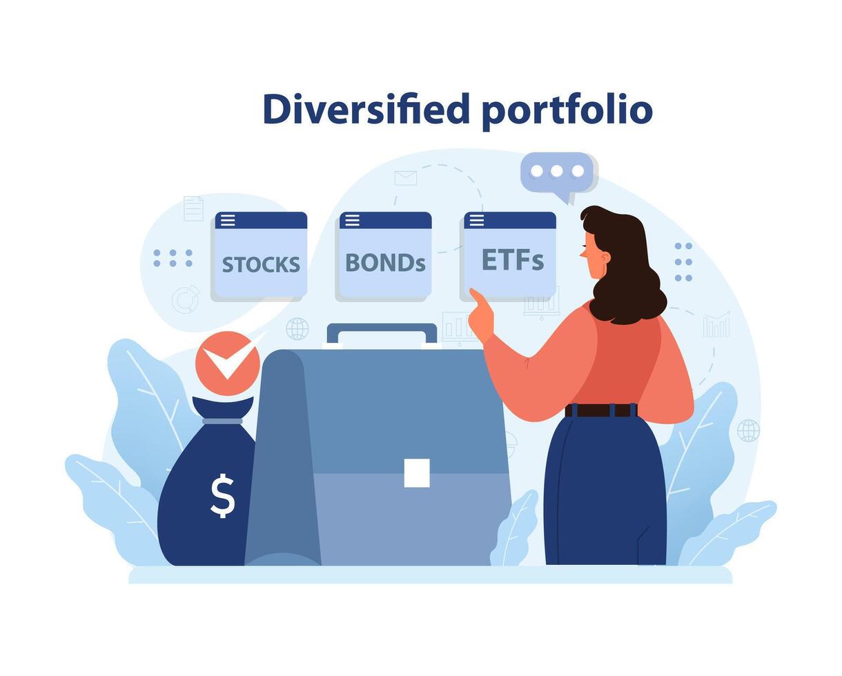 diversifiziert Portfolio Präsentation mit ein Geschäftsfrau Analysieren. eben Vektor Illustration.