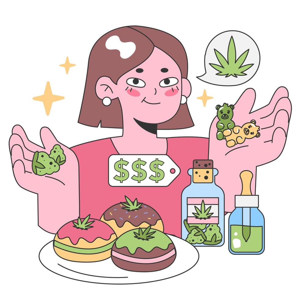 jung Frau erkunden Cannabis Freuden. eben Vektor Illustration.