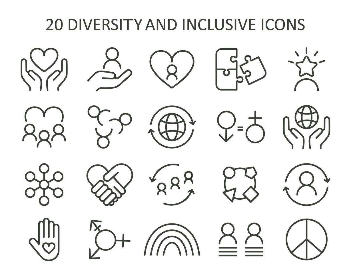 inklusive samhälle uppsättning. en samling av ikoner representerar enhet, jämlikhet vektor