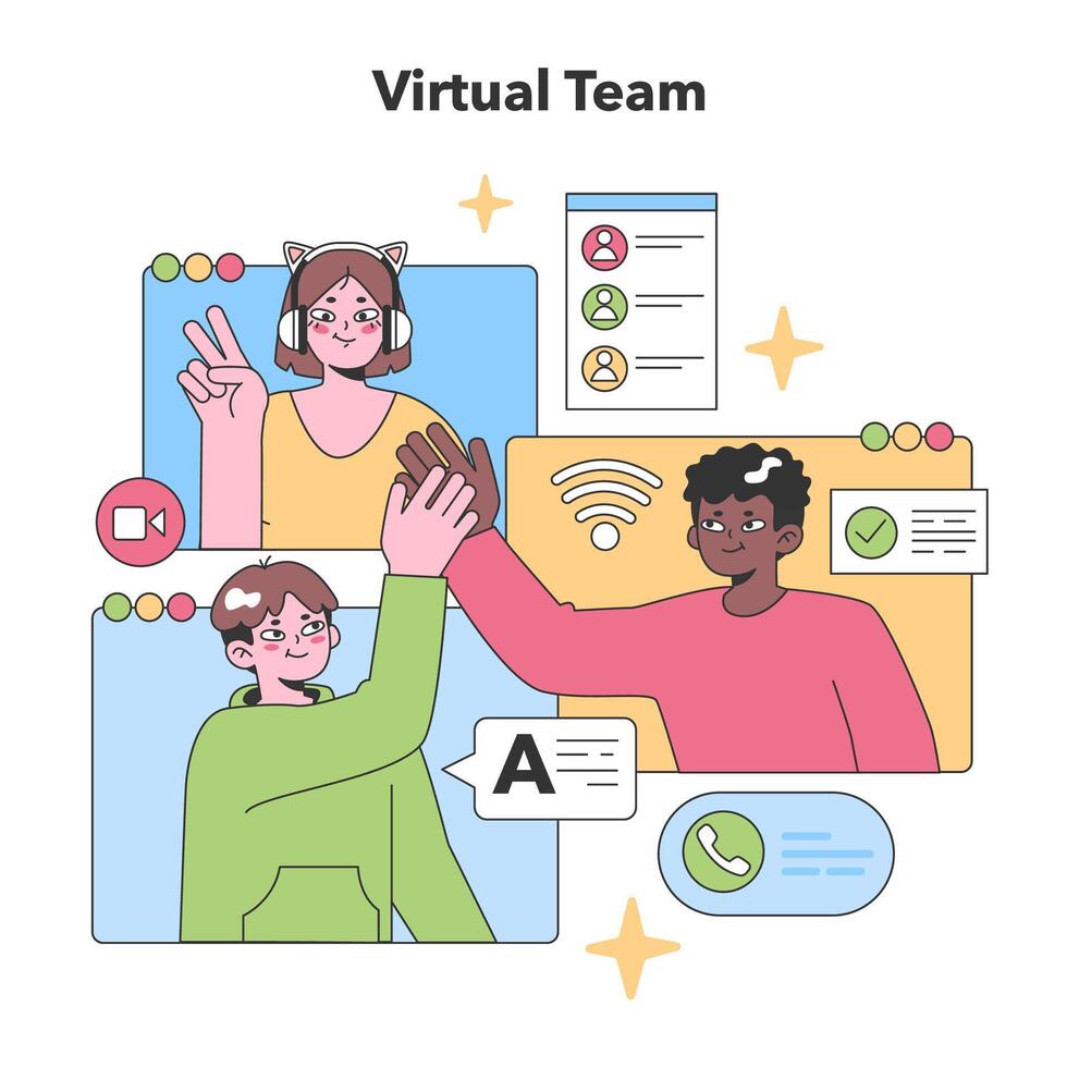 färgrik illustration fångande en olika virtuell team engagerande vektor