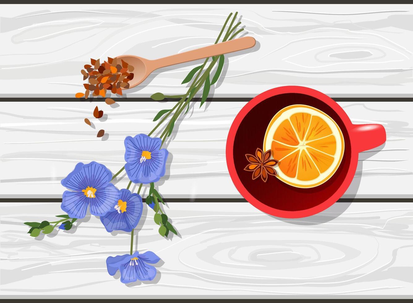 eben legen von Kräuter- Tee mit Flachs Blumen und verstreut Samen. Gesundheitspflege, selbst Pflege und Superfoods Konzept vektor