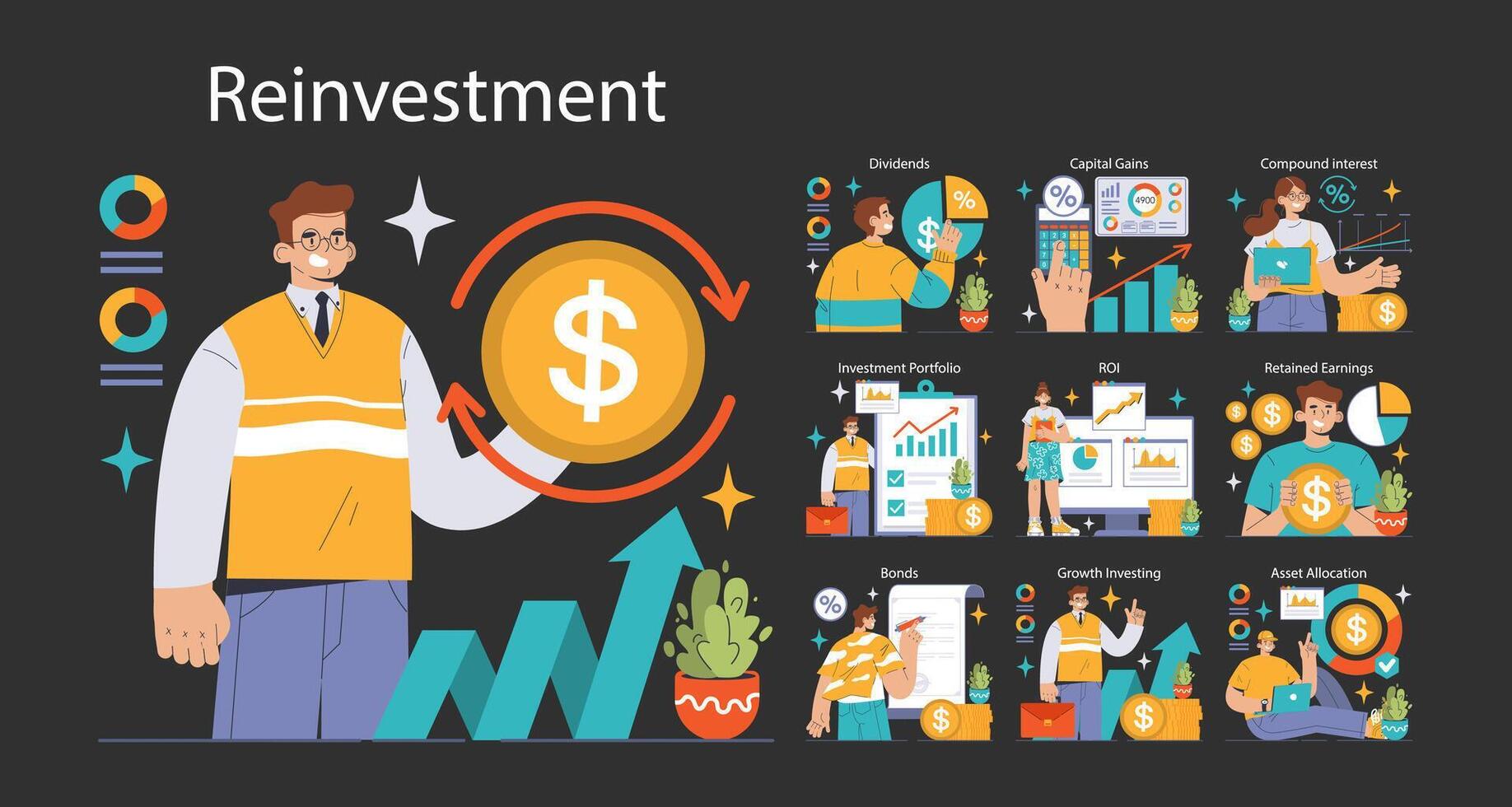 Reinvestition dunkel oder Nacht Modus Satz. Profis navigieren finanziell vektor