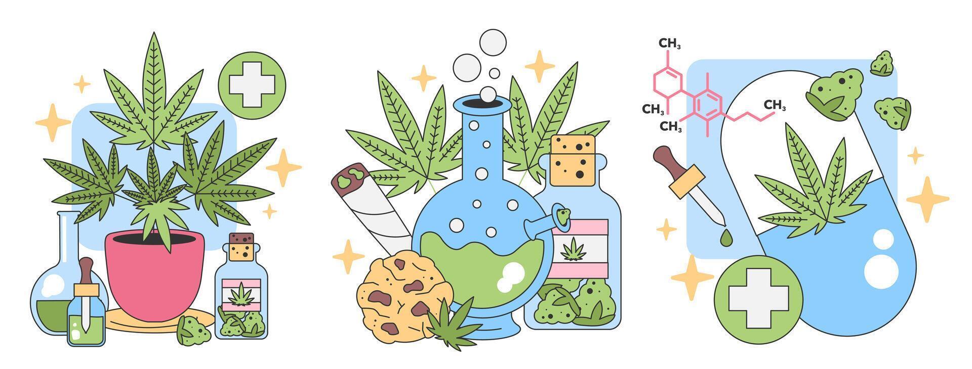 Cannabis Satz. eben Vektor Illustration.