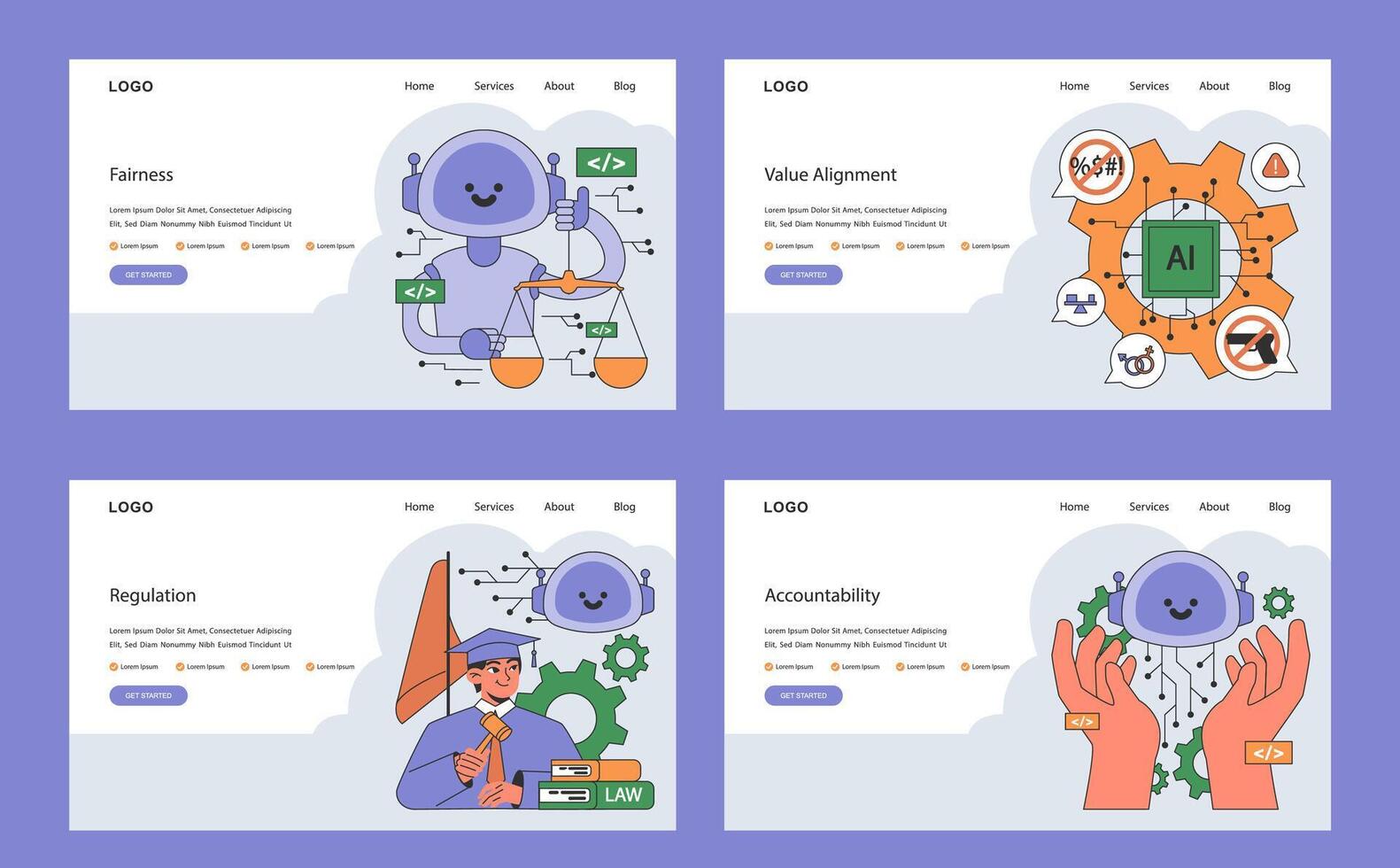ai etik webb eller landning uppsättning. artificiell intelligens inriktning och reglering vektor
