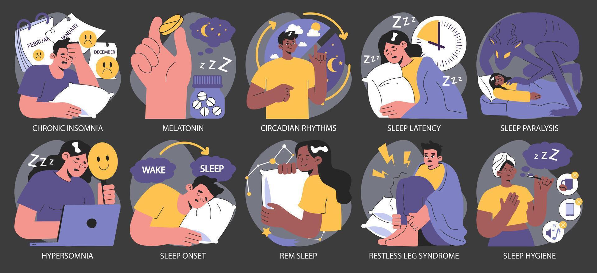 sömnlöshet mörk eller natt läge uppsättning. olika tecken lidande från sömn vektor