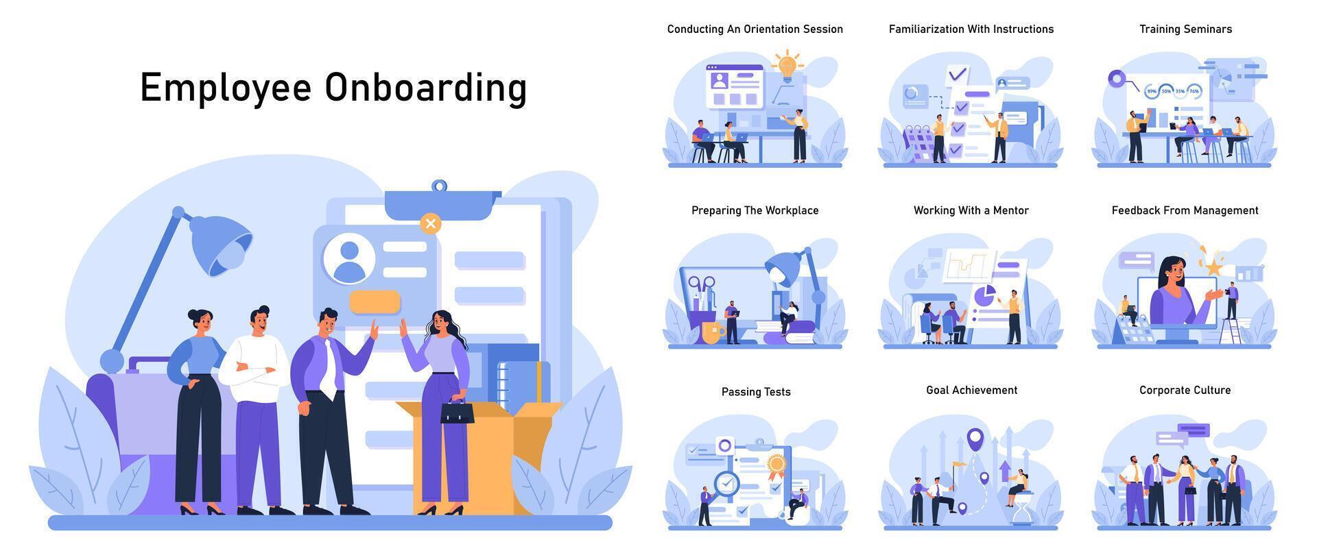 Mitarbeiter Onboarding Satz. Neu stellt ein Reise von Orientierung zu korporativ Kultur. vektor