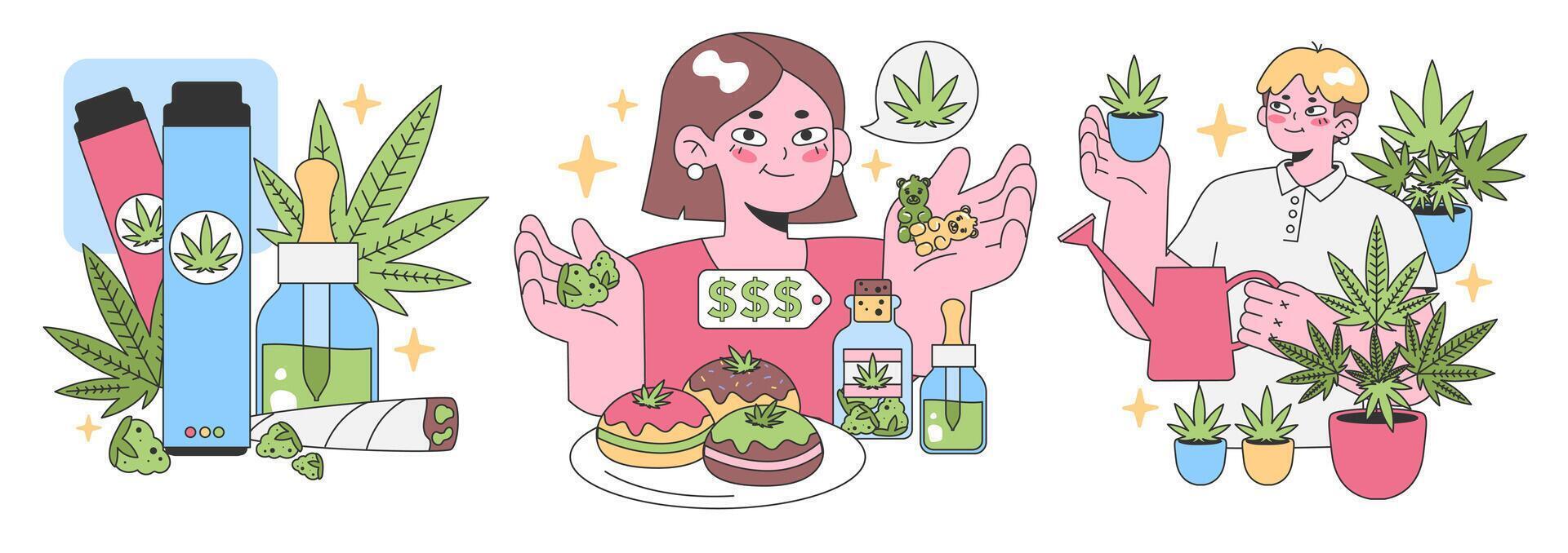 Cannabis Lebensstil Satz. eben Vektor Illustration