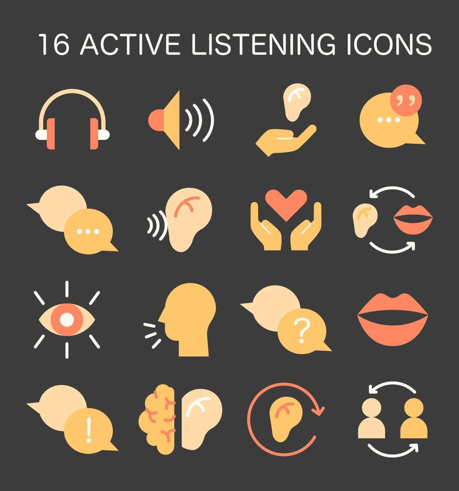 aktiva lyssnande skicklighet ikoner uppsättning. symbol av uppmärksamhet mjuk skicklighet. konversation, vektor