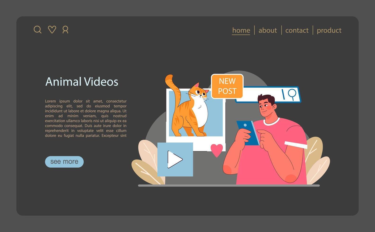 online Tier Engagement Konzept. ein Mann Anteile herzerwärmend Tier Videos auf ein Sozial Plattform. vektor