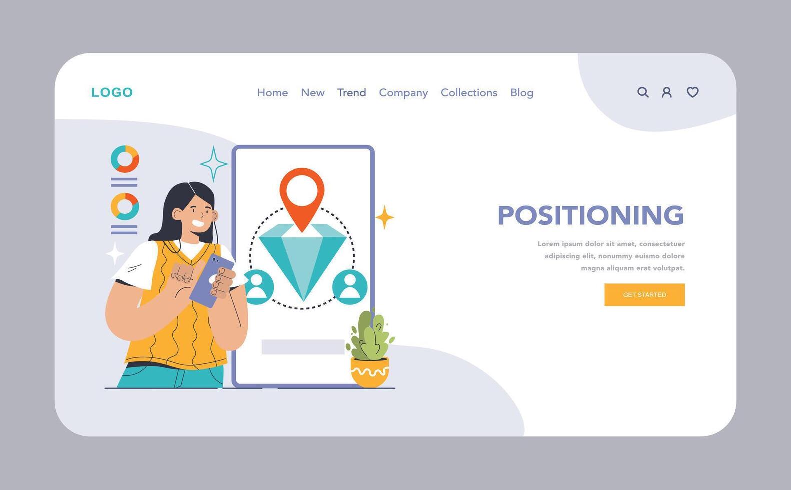 varumärke positionering webb eller landning. kvinna använder sig av en telefon, diamant på visa vektor
