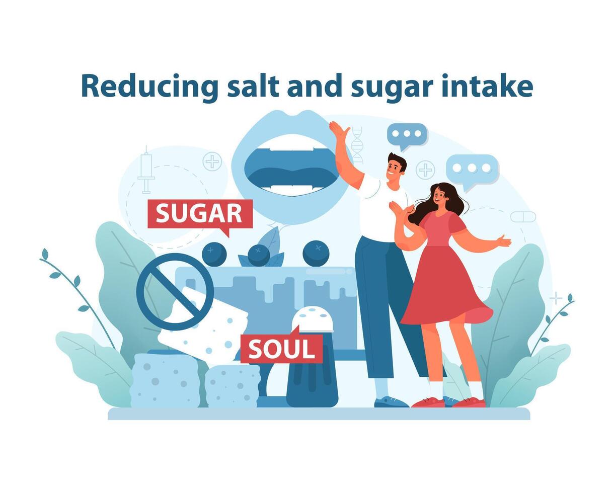 salt och socker minskning begrepp. dynamisk illustration fokusera på de positiv hälsa. vektor