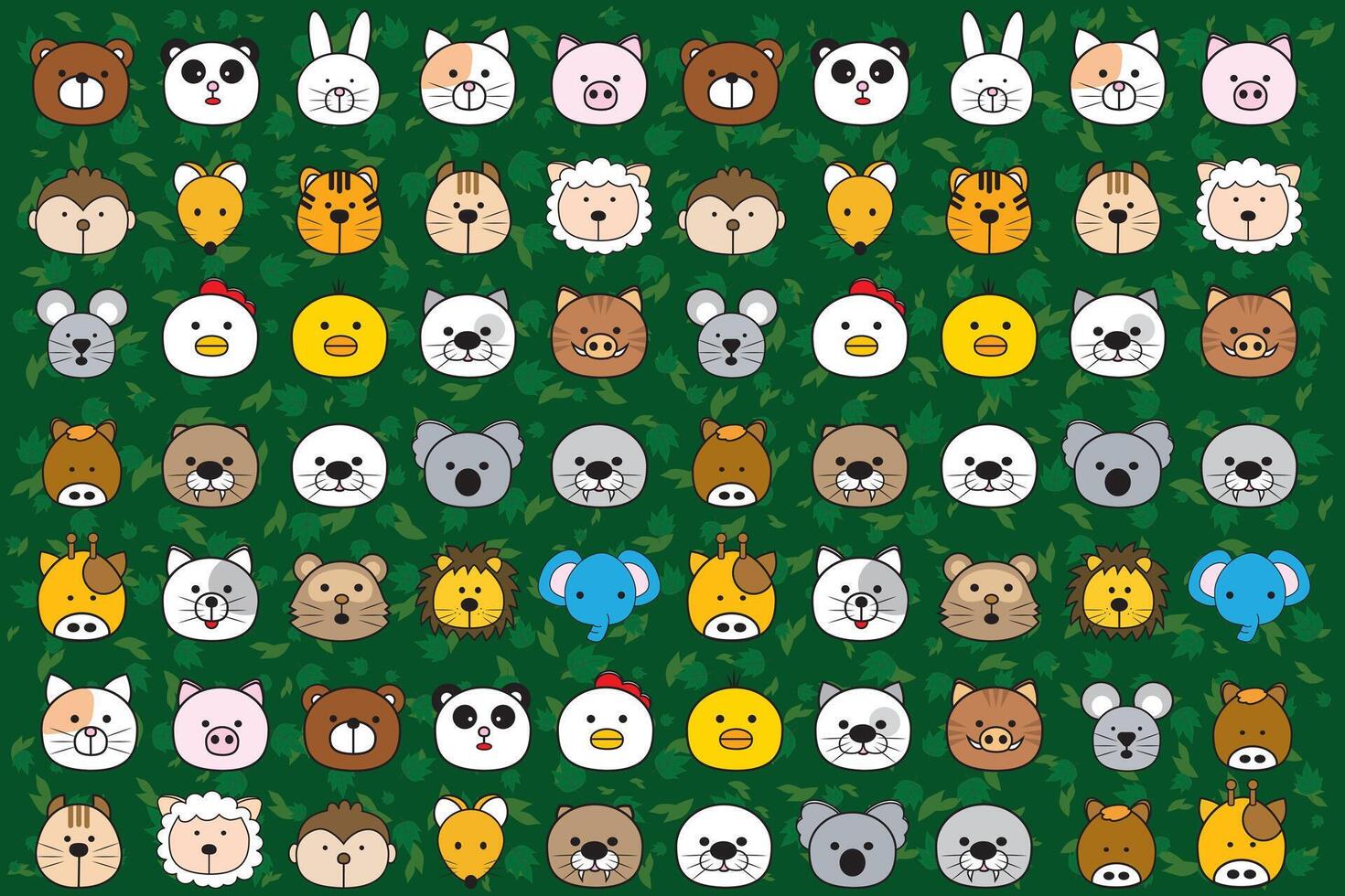 illustration, mönster av djur- ansikte med blad på grön bakgrund. vektor