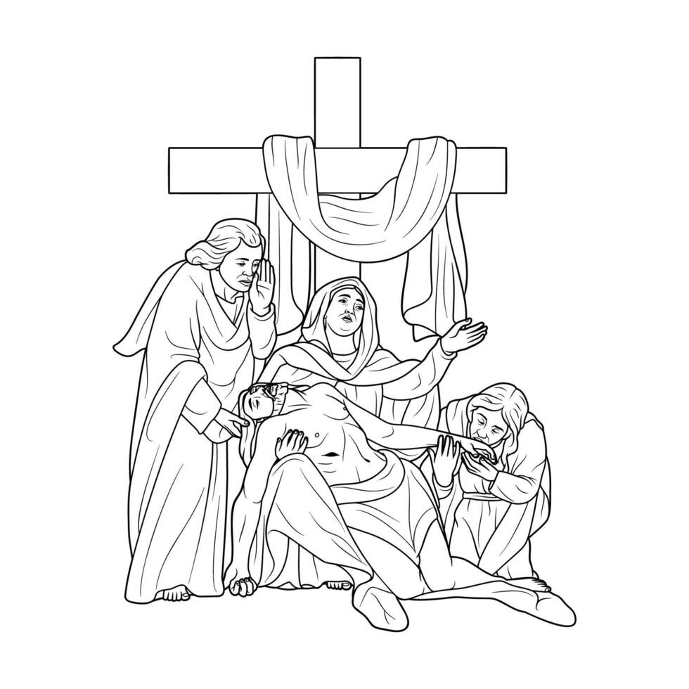 13: e station av de korsa Jesus christ är tagen ner från de korsa vektor illustration svartvit översikt