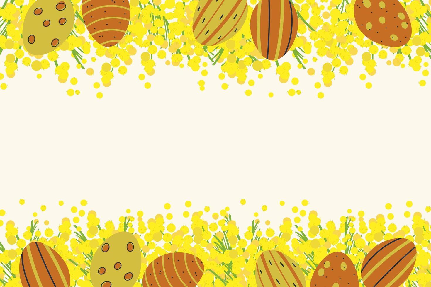påsk krans bakgrund med påsk ägg, akacia blommor, löv grenar hand dragen vektor illustration. platt festlig gräns ram design för hälsning kort ,baner, flygblad, affisch, omslag, mall