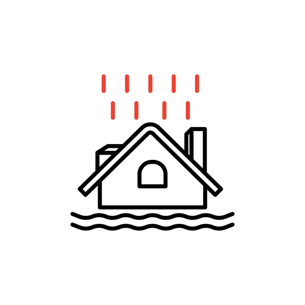 ikon rumah banjir karena hujan, rumah dalam gelombang luft, tingkat kenaikan banjir, latar belagang putih - ilustrasi Vektor sapuan yang dapat avskräckande