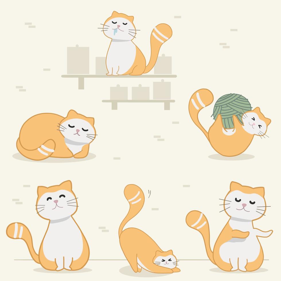 Katzen in verschiedenen Positionen spielen und Spaß haben. kleine kleine haustierkätzchen, die schnurren und herumspringen. große reihe von katzenillustrationen. vektor