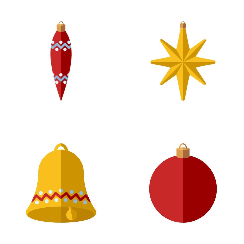 Weihnachtsschmuck eingestellt. Sammlung von Spielzeug für den Weihnachtsbaum. flacher Stil. traditionelle Winterelemente für Logo, Aufkleber, Druck, Emblem, Etikett, Abzeichen, Gruß- und Einladungskartendesign vektor