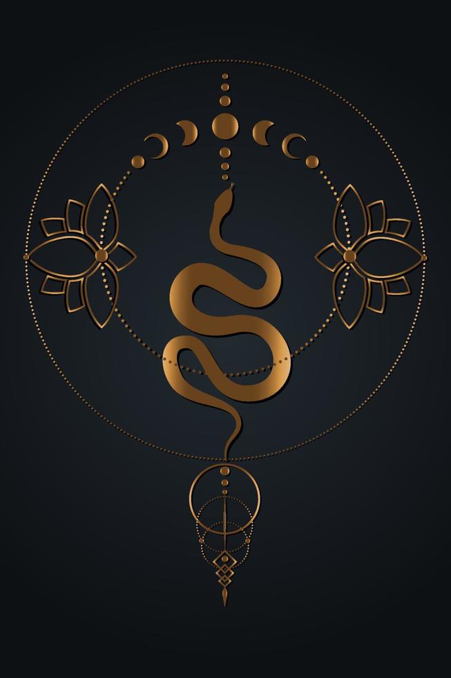 magisk mystisk orm, månfaser. helig geometri, guld lyx hedniska wiccan gudinna symbol. gamla gyllene wicca banner tecken, lotusblommor energi cirkel, boho stil, vektor isolerad på svart bakgrund