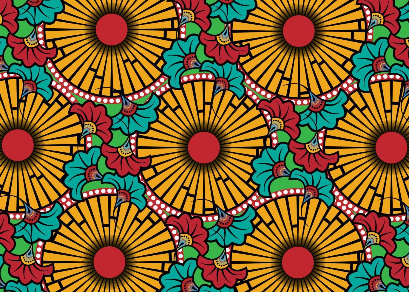 tyg med afrikanskt vaxtryck, etnisk handgjord prydnad för din design, afro-etniska blommor och stammotiv geometriska element. vektor färgglada konsistens, afrika textil ankara mode stil bakgrund