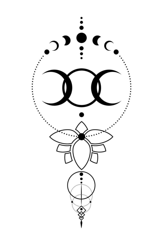 dreifacher Mond, heilige Geometrie, Symbol der heidnischen Wiccan-Göttin des Halbmonds. Mondphasen, schwarzes Tattoo, Wicca-Banner-Zeichen, Lotusblüten-Energiekreis, Boho-Stil, Vektor isoliert auf weißem Hintergrund