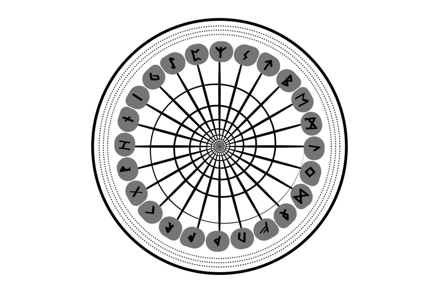 Satz alter nordischer Runenkreise. Runenrad-Alphabet, Futhark. alte okkulte Wikingerzeichenbuchstaben, Runenschrift. Heiliger Spiralkompass altnordische Schrift. Vektor isoliert auf weißem Hintergrund