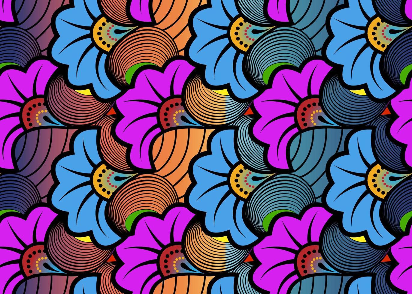 Afrikanischer Wachsdruckstoff, nahtloses Design mit ethnischem Überlappungsornament, florale Elemente mit Kitenge-Mustermotiven. Vektor-Textur, Afro-bunte Textil-Ankara-Mode-Stil. Pareo Wickelkleid Hochzeitsblumen vektor