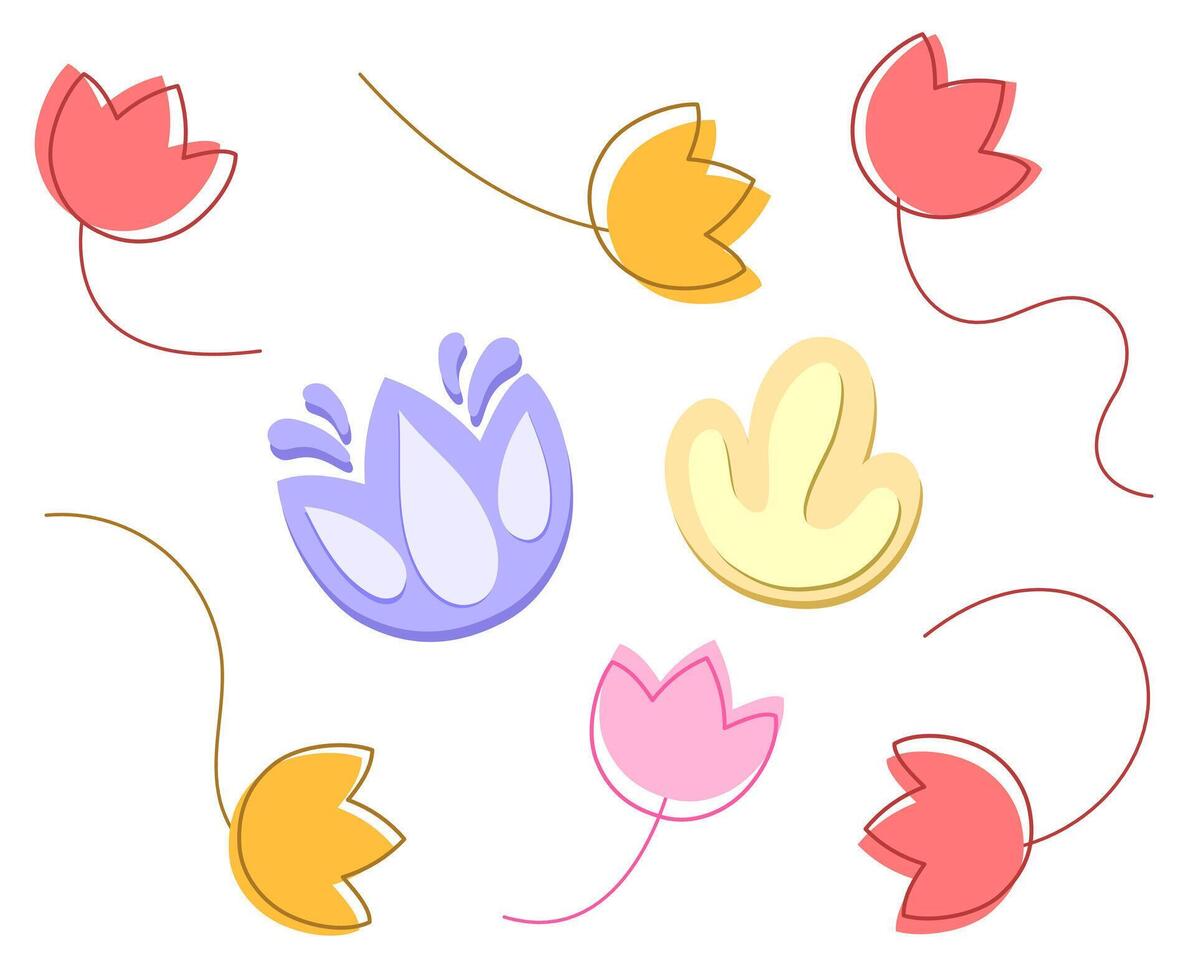 färgad vektor uppsättning med ikoner av olika tulpaner i annorlunda färger. rosa, röd, lila, gul