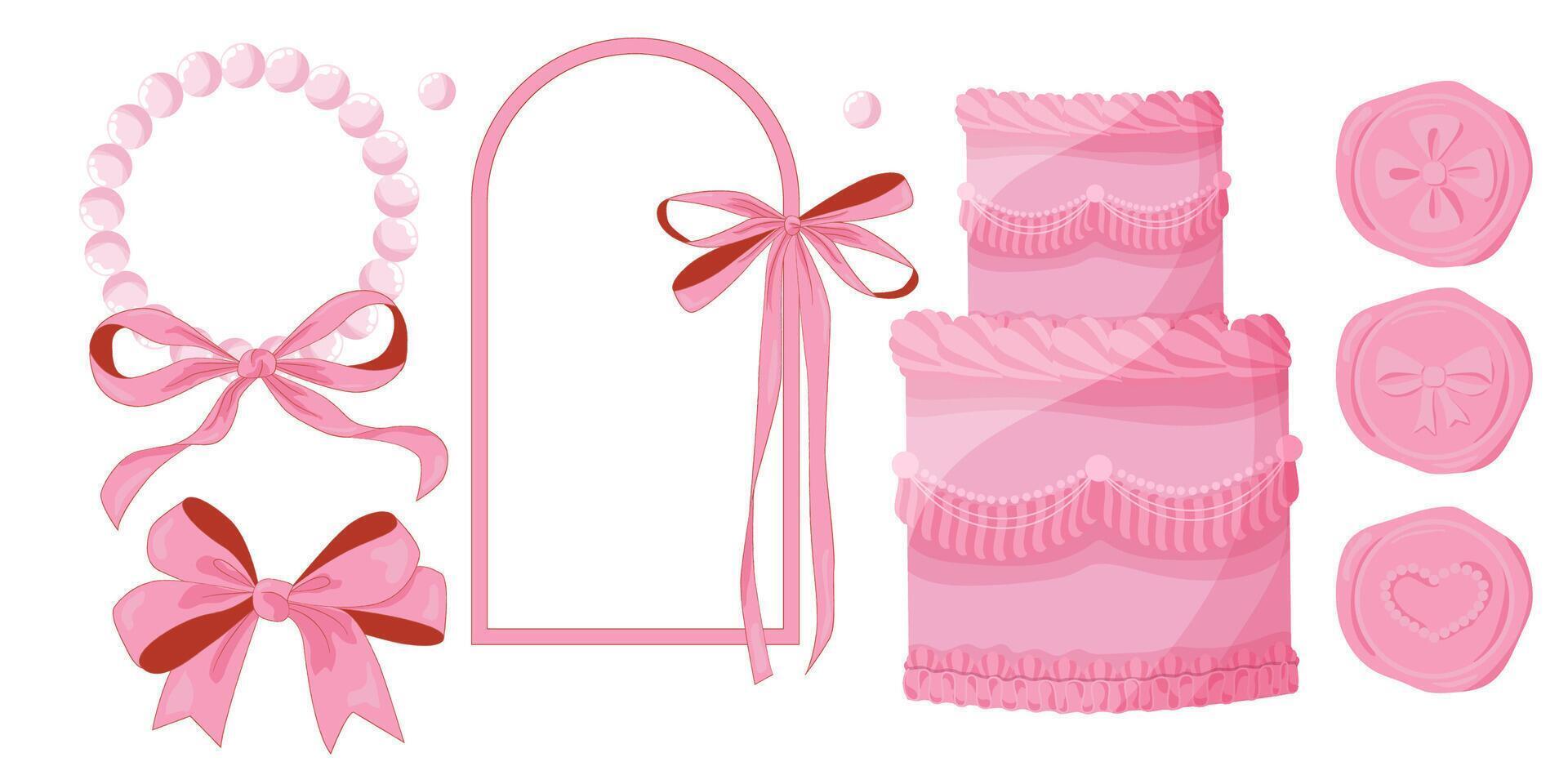 vektor illustration av rosa flickaktigt årgång pilbågar, victorian lambeth kaka och ramar. söt årgång lambeth kaka. flickaktigt kokett estetisk.