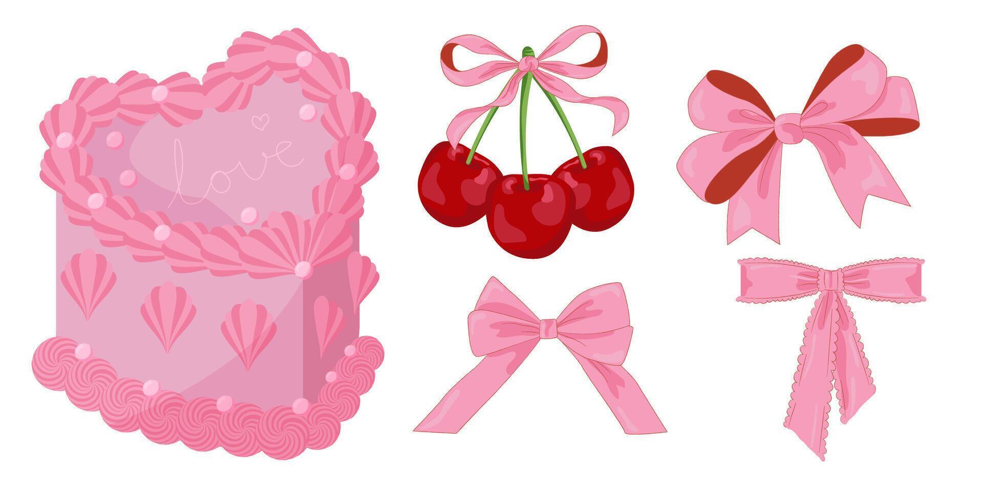 vektor illustration av rosa flickaktigt årgång pilbågar, bento kaka, årgång lambeth kaka och körsbär. söt bento lambeth kaka. flickaktigt kokett estetisk.