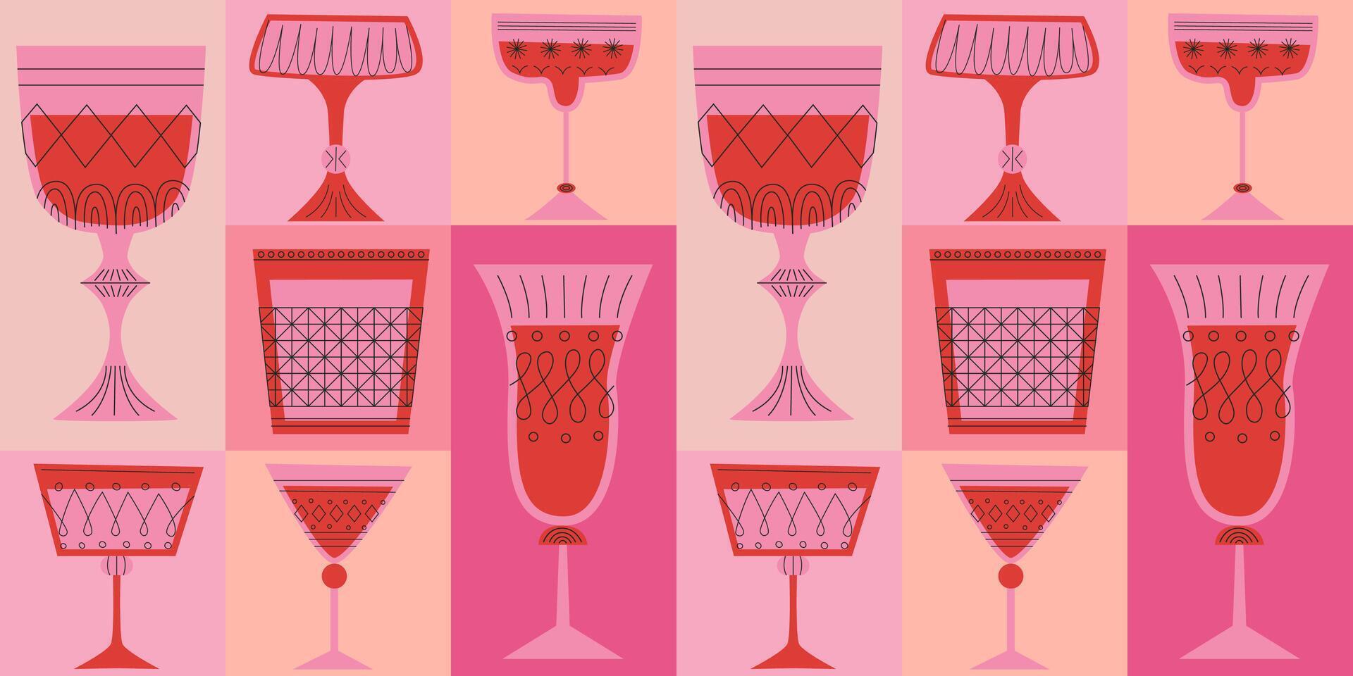 geometrisch nahtlos Muster mit alkoholisch Cocktails im Brille von anders Formen. Getränke im anders Typen von Jahrgang Brille. modern Design zum Gruß Karten, Poster, Verpackung, Pack Papier. vektor