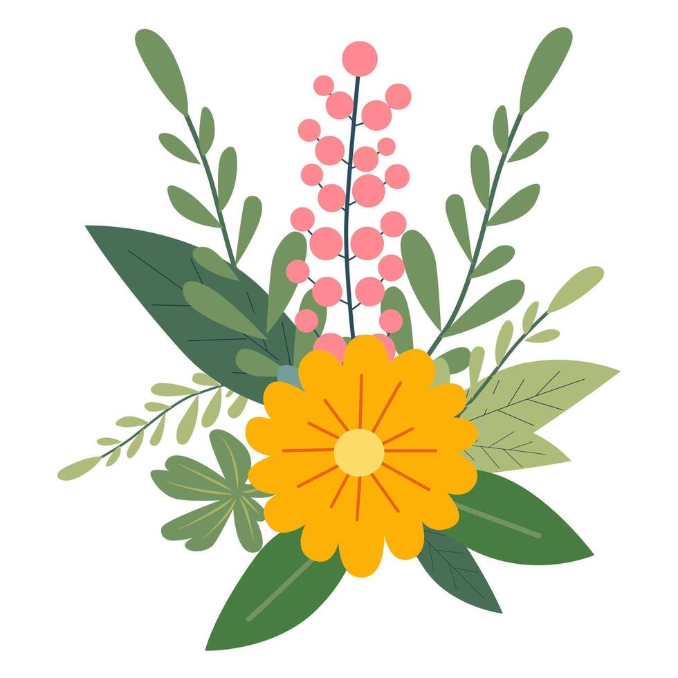 schön Frühling oder Sommer- Strauß auf ein Weiß Hintergrund. süß Hand gezeichnet eben Vektor Blumen, Blätter, Beeren. Vektor Illustration zum Karte, Banner, Poster, Hochzeit Einladung. Blumen- Frühling Poster.