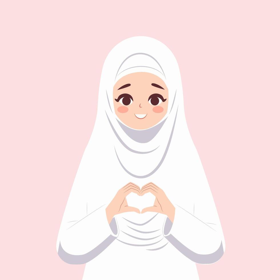 schön Mädchen im Weiß Kopftuch. Frauen im islamisch religiös Kleidung geformt Herz mit beide Hände Ausdrücke. eben Design, Poster zum Welt Hijab Tag. vektor