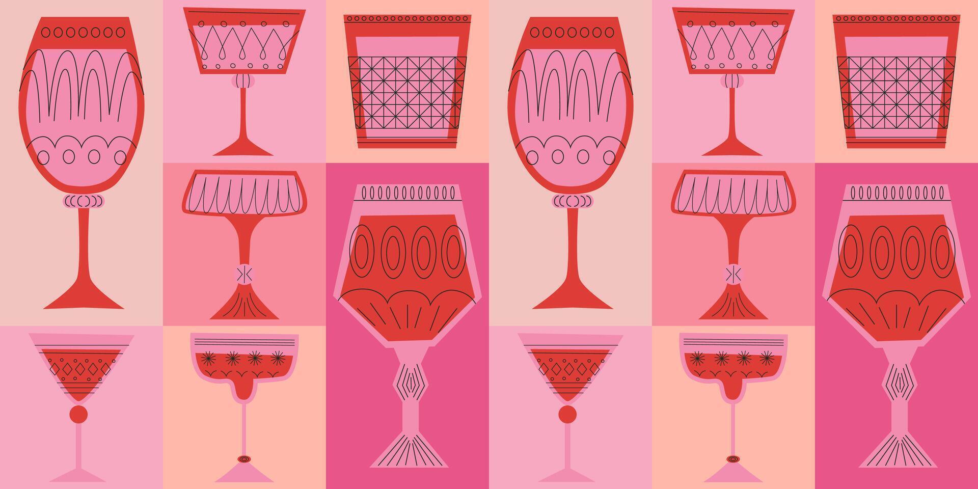 geometrisk sömlös mönster med alkoholhaltig cocktails i glasögon av annorlunda former. drycker i annorlunda typer av årgång glasögon. modern design för hälsning kort, affischer, omslag, packa papper. vektor