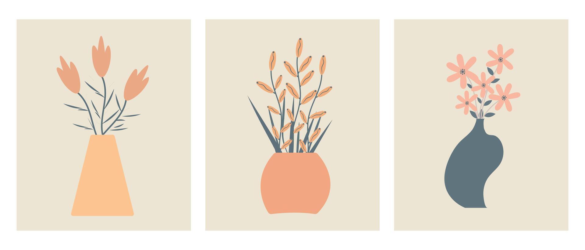 abstrakt minimalistisk posters med vår blommor i säng färger. uppsättning av trendig vägg konst mönster, modern blommig grafik. vektor illustration.