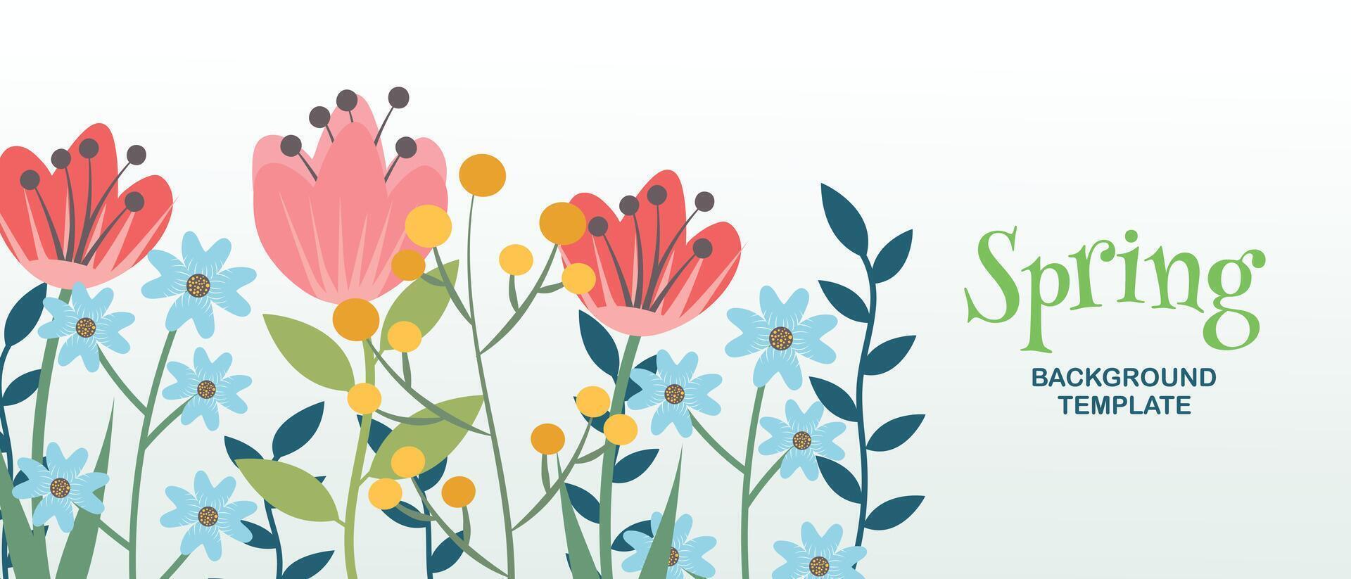 ljus äng gräs och blommor på en vit bakgrund. platt design. vektor illustration för hälsning kort, baner, affisch.