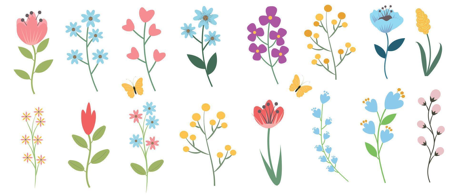 uppsättning av skön vår och sommar blommor, löv, växter för skapande blommig buketter. hand dragen vektor illustration.